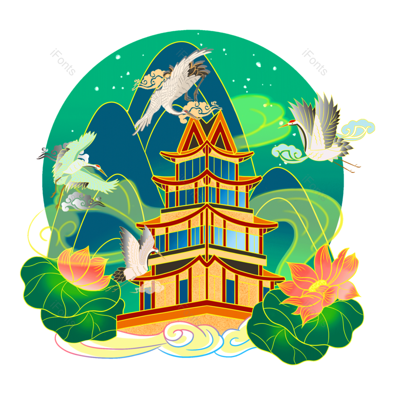 装饰图片,绿色元素,古建筑PNG,免抠素材